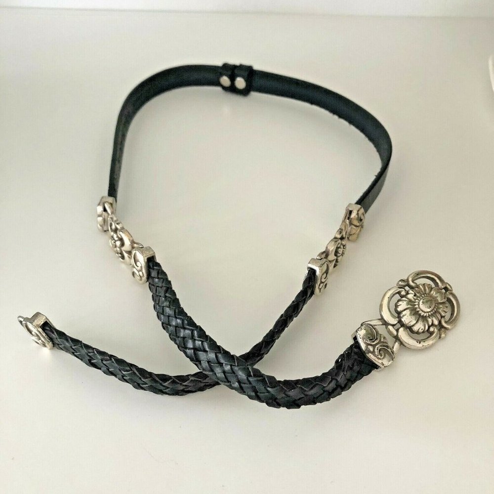 Olga Santini Belt M Medium Genuine Leather Black Silver Floral Braided